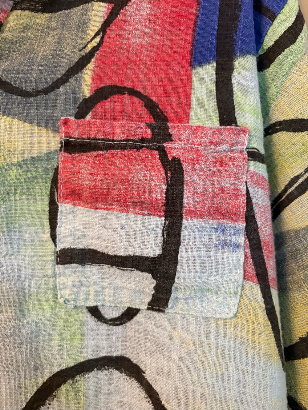 Italian Abstract Multicolor Linen-Blend Tunic Top - Relaxed V-Neck - Picture 4 of 10